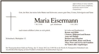 Traueranzeige von Maria Eisermann von Pegnitz-Zeitung